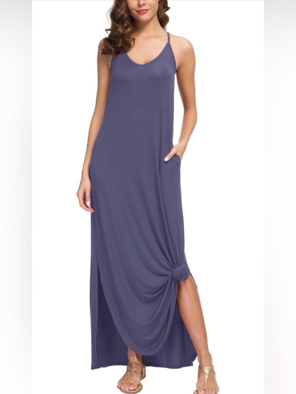 Sleeveless V-Neck Maxi Dress in Purple with Side Slit - Picture 3 of 10